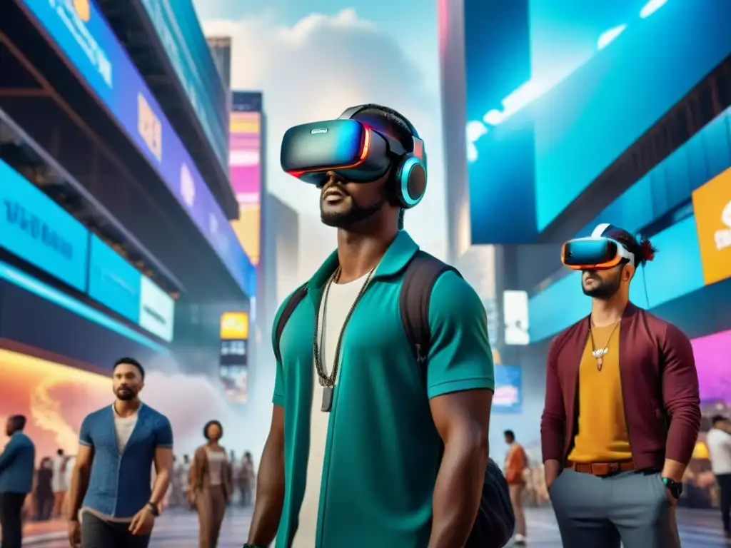 Un grupo diverso de jugadores en un juego de realidad virtual en una ciudad futurista