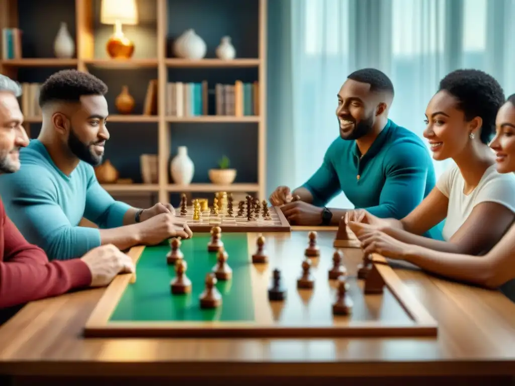 Un grupo diverso de jugadores se concentra en un juego de mesa en una sala acogedora