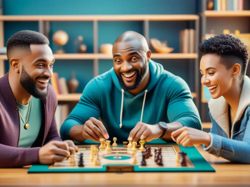 Partida de juego de mesa: diversión y comunidad Grupo diverso de jugadores disfrutando de juego de mesa con diseño social, fomentando comunidad