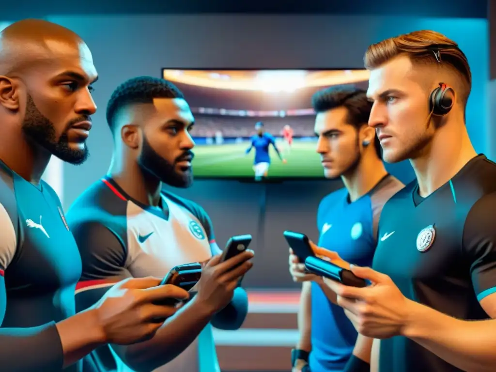 Un grupo diverso de jugadores de juegos deportivos móviles concentrados en sus teléfonos, mostrando estrategias y competencia
