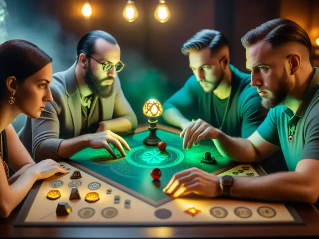 Un grupo diverso de jugadores de mesa inspirados Lovecraft se concentra en un juego en una habitación tenuemente iluminada por una lámpara vintage