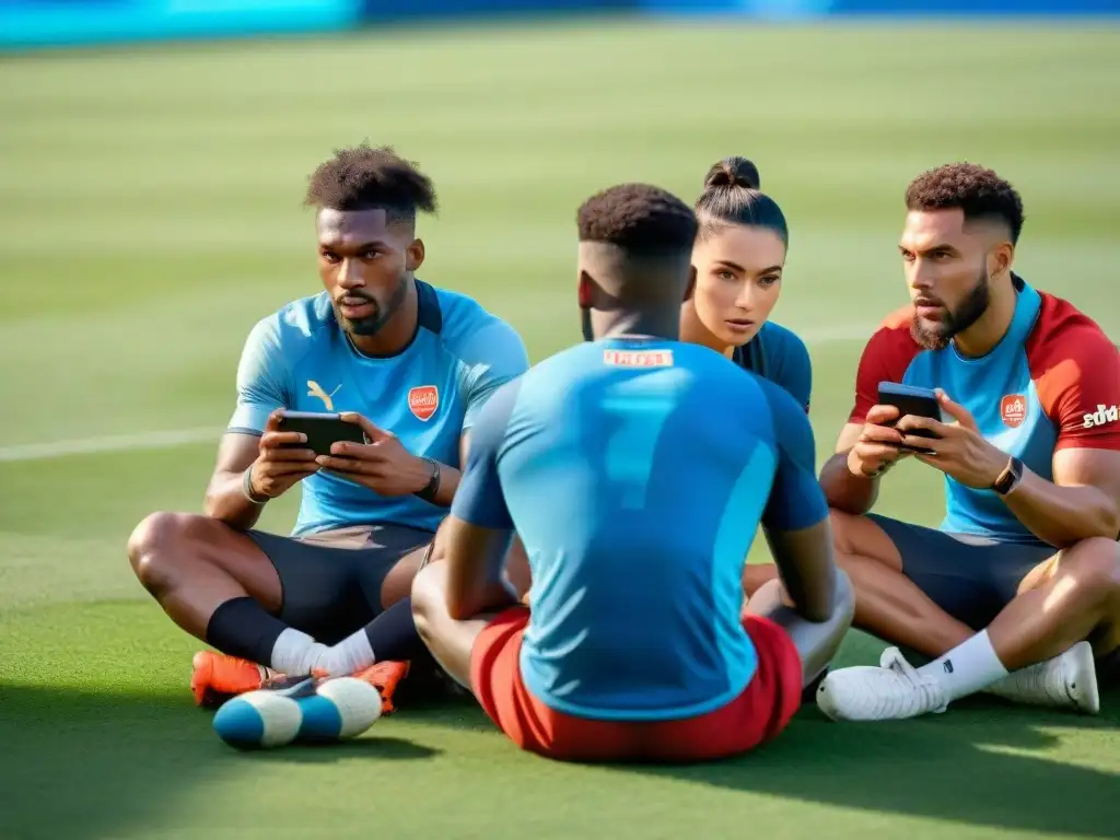Grupo diverso de jugadores móviles concentrados en juegos deportivos bajo el sol, mostrando camaradería y competencia estratégica