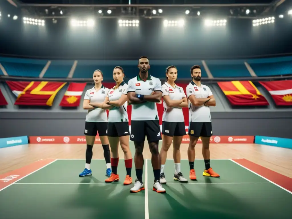 Un grupo diverso de jugadores de diferentes países, unidos en la cancha de bádminton con determinación y pasión