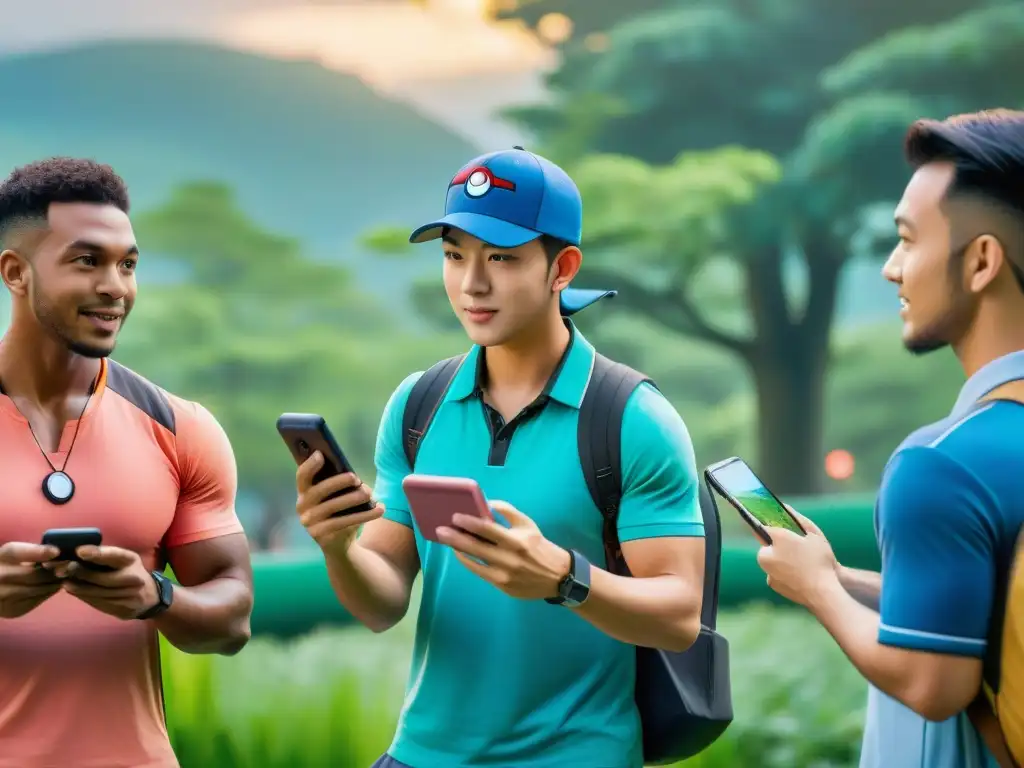 Un grupo diverso de jugadores disfruta de Pokémon GO en un parque, mostrando la historia y evolución de juegos