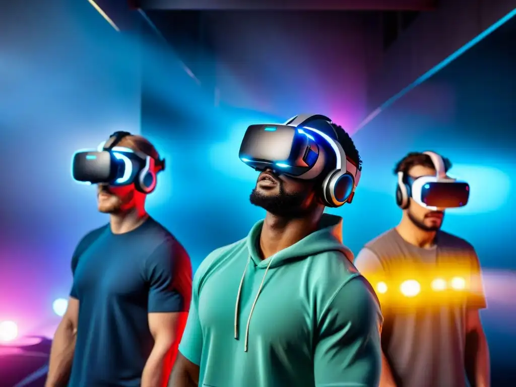 Grupo diverso de jugadores en Plataformas VR juegos inmersión 2023, inmersos en un mundo virtual futurista y vibrante