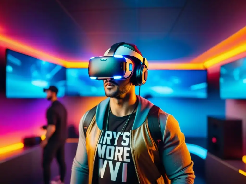 Grupo diverso de jugadores en Plataformas VR juegos inmersión 2023, concentrados y emocionados en un mundo virtual futurista