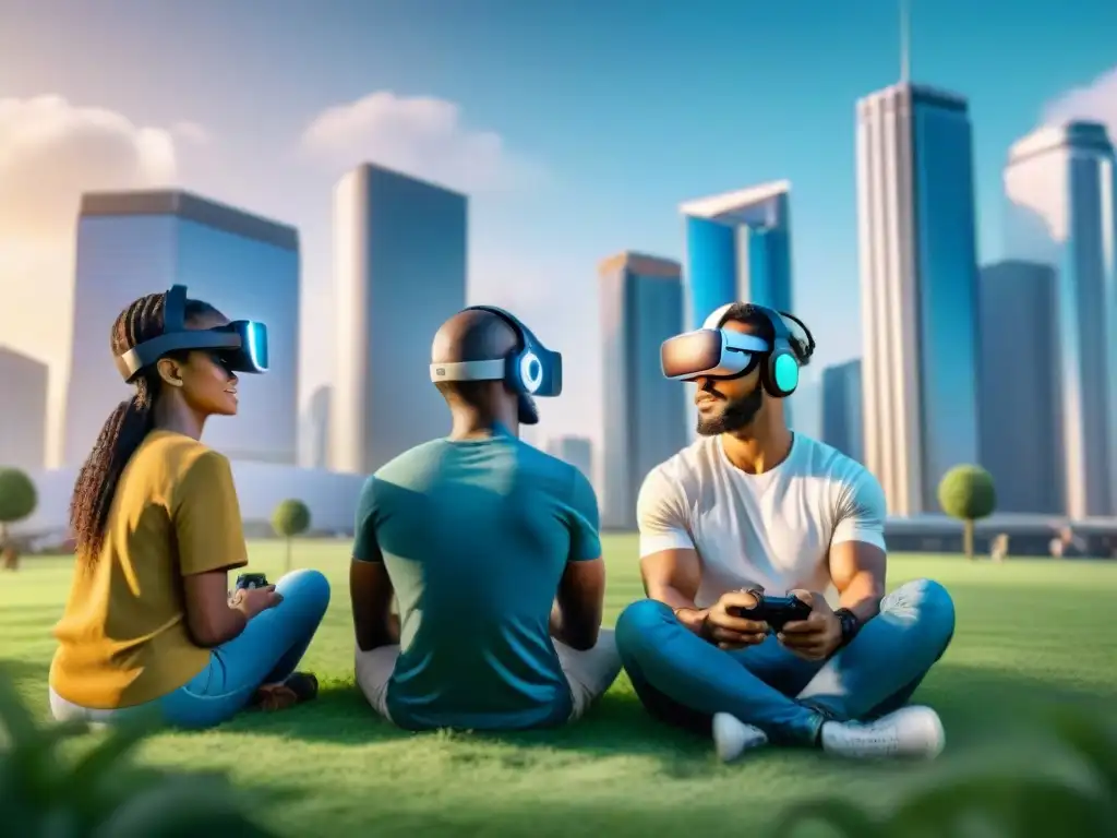 Grupo diverso de jugadores en Realidad Mixta interactuando en un mundo virtual, fusionando culturas en un campo rodeado de edificios futuristas