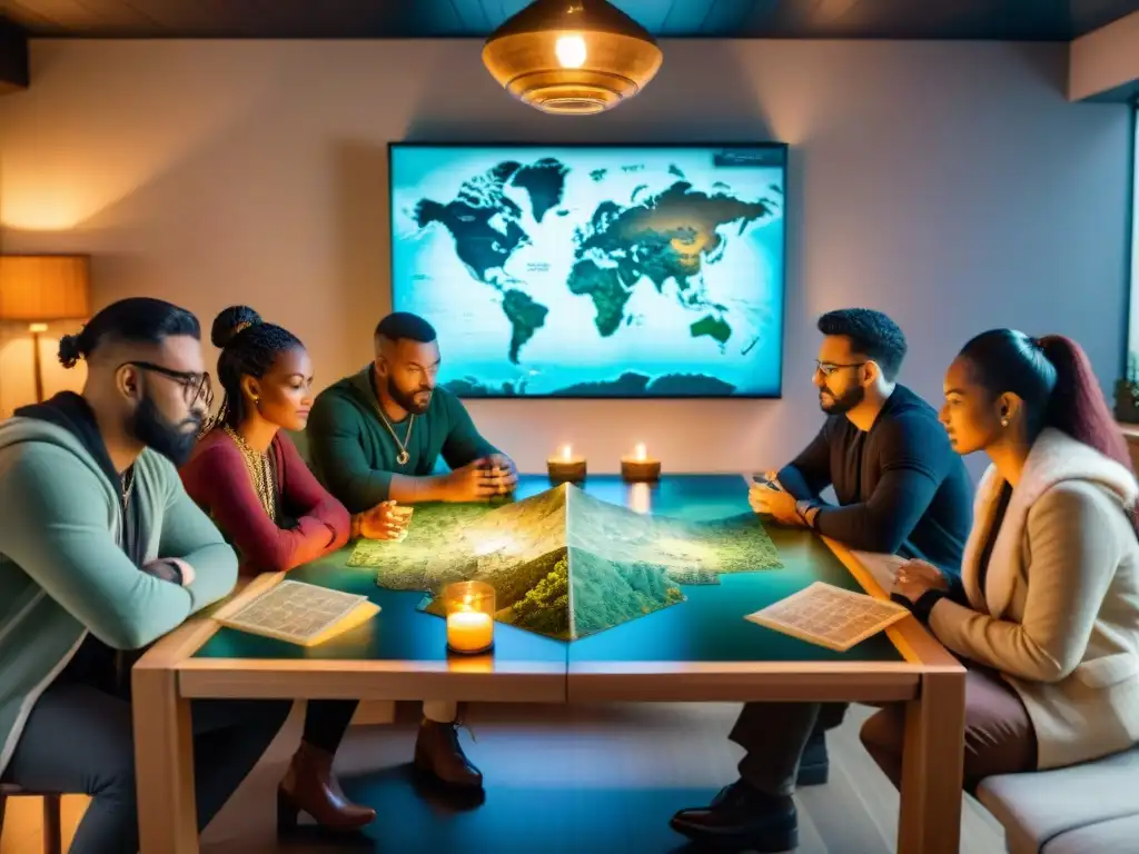 Jugadores del mundo: épica sesión de rol global Un grupo diverso de jugadores de rol alrededor de una mesa llena de mapas y dados, inmersos en una partida
