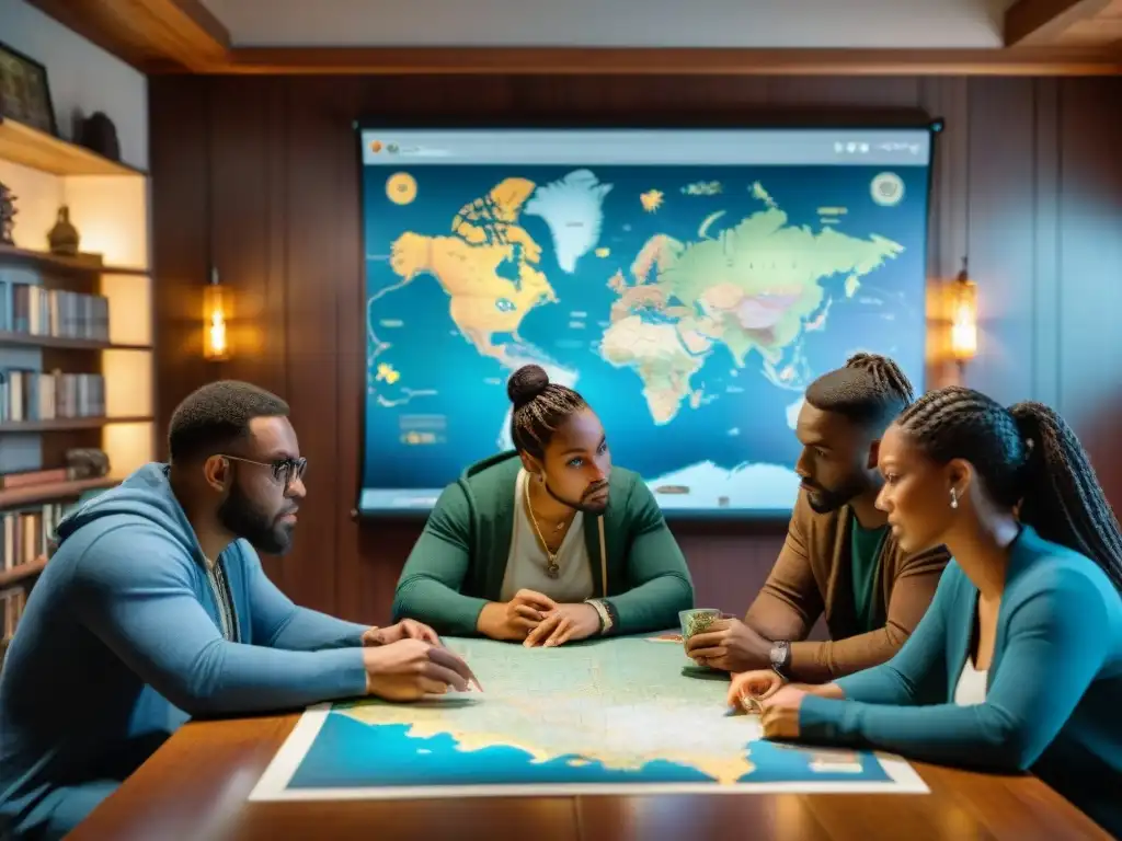 Épica partida de rol en un mundo diverso Un grupo diverso de jugadores de rol inmersos en una partida, rodeados de mapas y dados, creando una atmósfera acogedora y envolvente