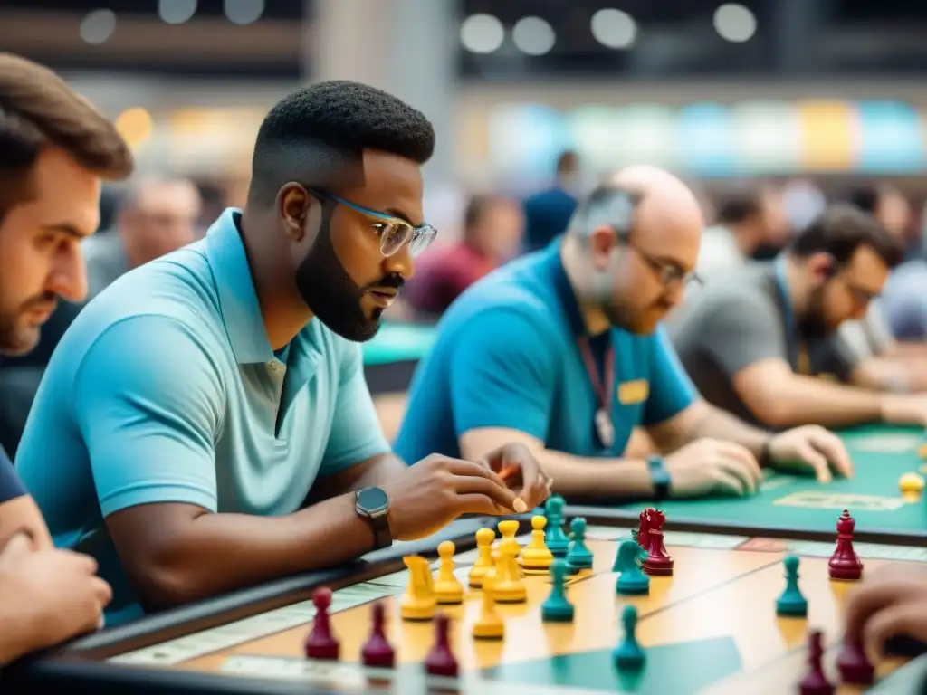 Un grupo diverso de jugadores serios compitiendo en un torneo de juegos de mesa en un centro de convenciones