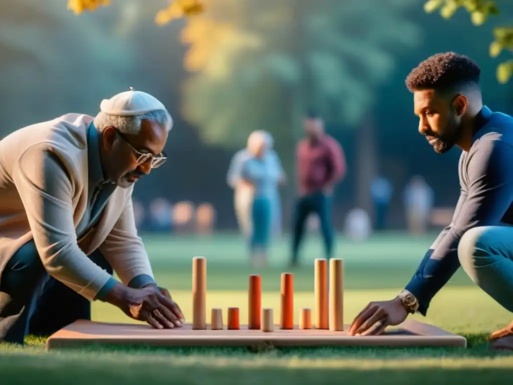 Grupo diverso juega Kubb al atardecer en parque vibrante, mostrando concentración