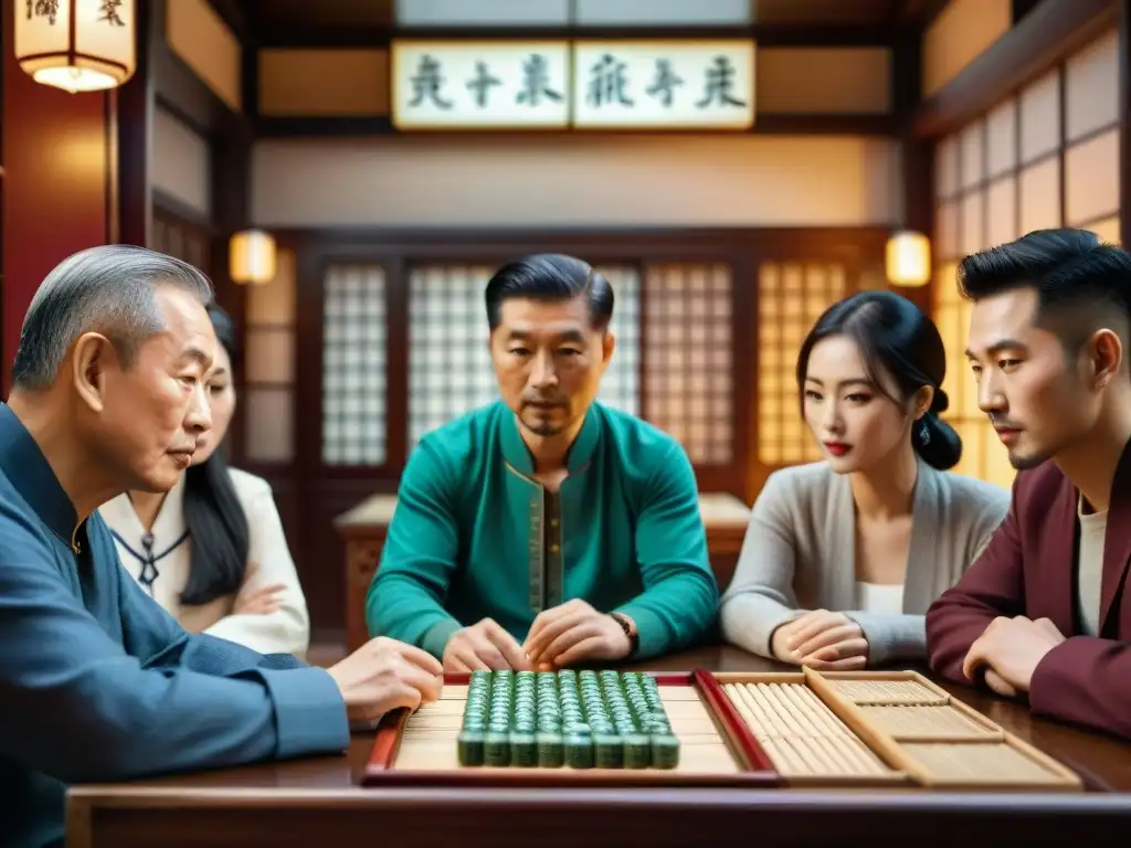 Un grupo diverso juega Mahjong bajo la luz cálida de una linterna china