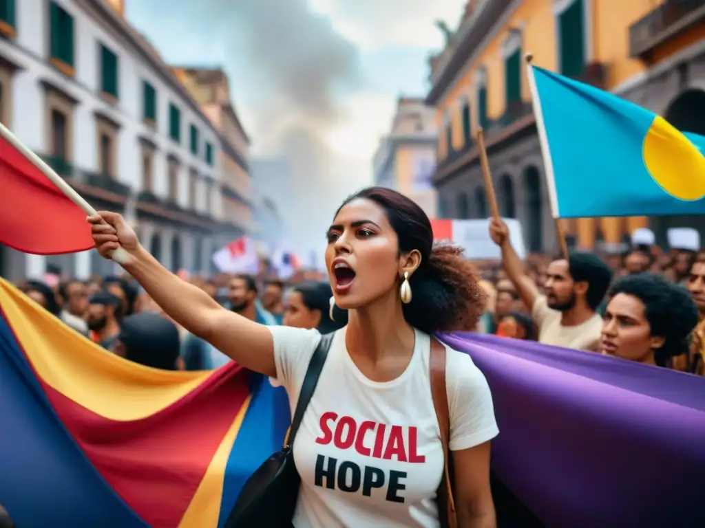 Un grupo diverso de manifestantes apasionados en una plaza de América Latina, con pancartas y banderas coloridas, reflejando la unión y determinación