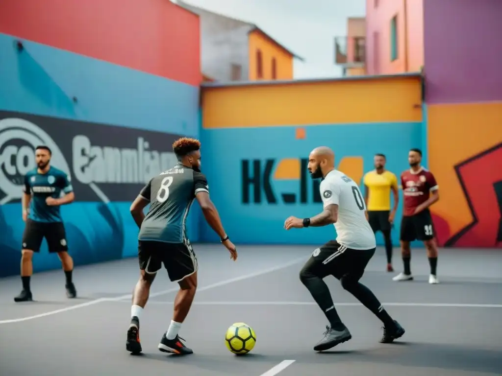 Grupo diverso de manifestantes juegan fútbol callejero en una protesta social con grafitis coloridos de fondo, mostrando unidad y resistencia