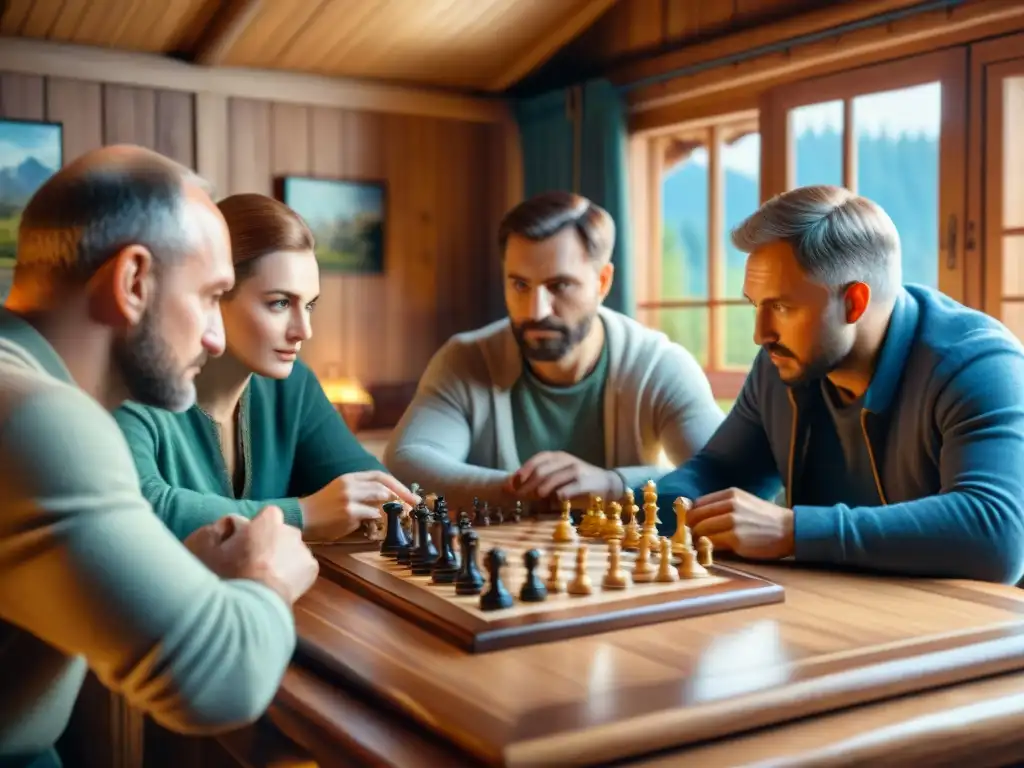 Un grupo diverso juega apasionadamente juegos de mesa en una cabaña rusa, reflejando la historia de juegos de mesa en Rusia