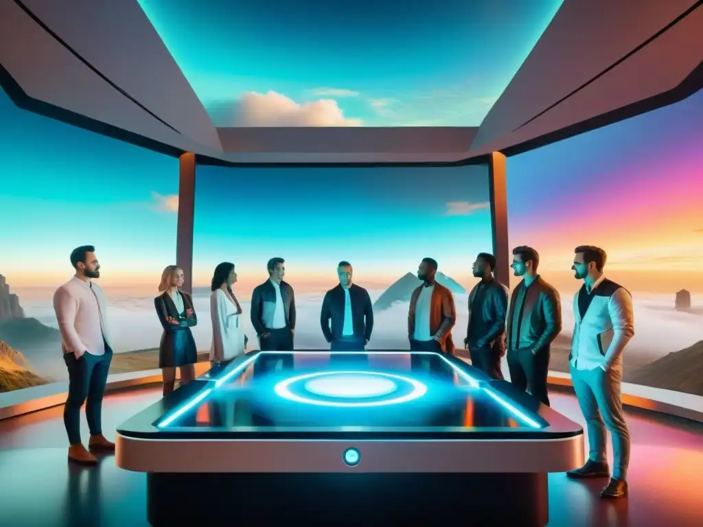 Un grupo diverso se reúne alrededor de una mesa de juego holográfica futurista, fusionando culturas