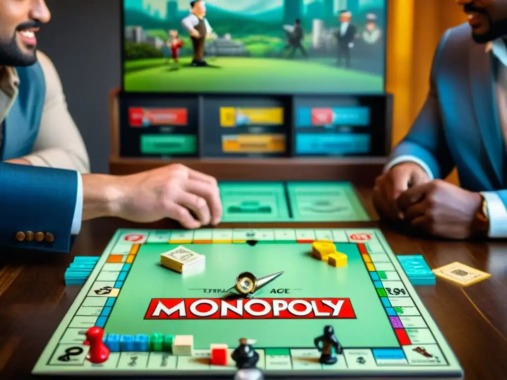 Partida de Monopoly vintage: emoción y concentración familiar Grupo diverso juega Monopolio en ambiente nostálgico con historia evolución juegos mesa Monopolio