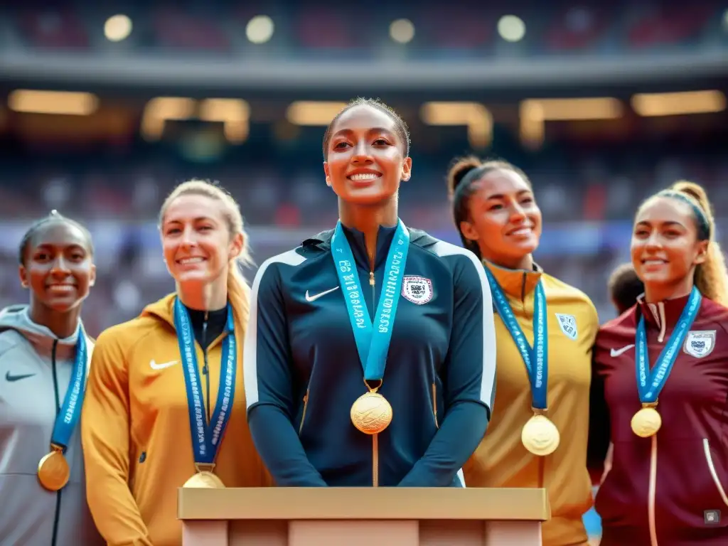 Un grupo diverso de mujeres atletas en un podio, con medallas y emociones diversas