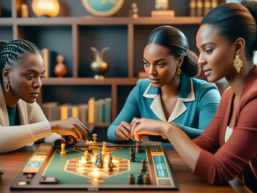 Juego estratégico: mujeres diversas inmersas en partida intensa Grupo diverso de mujeres concentradas en juego estratégico rodeadas de juegos y libros de historia