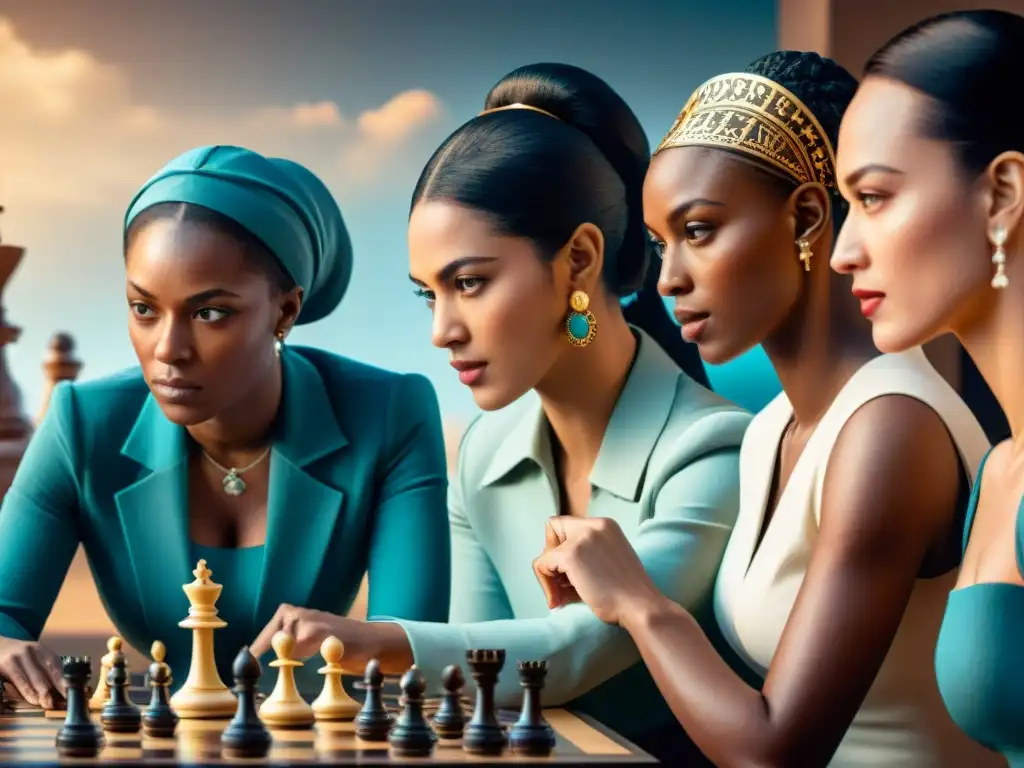 Mujeres históricas conquistando juegos estratégicos Grupo diverso de mujeres de distintas épocas históricas jugando juegos estratégicos como ajedrez, Go y Risk con concentración