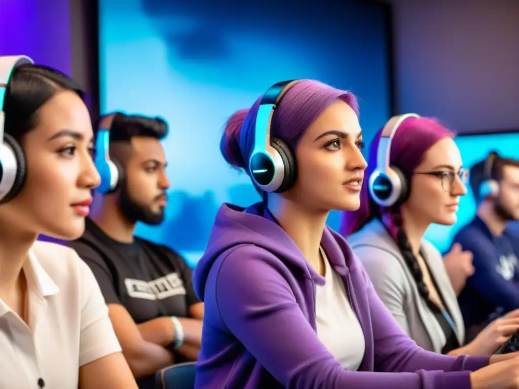 Grupo diverso de mujeres en eSports, compartiendo estrategias y tips frente a monitores de juego competitivo