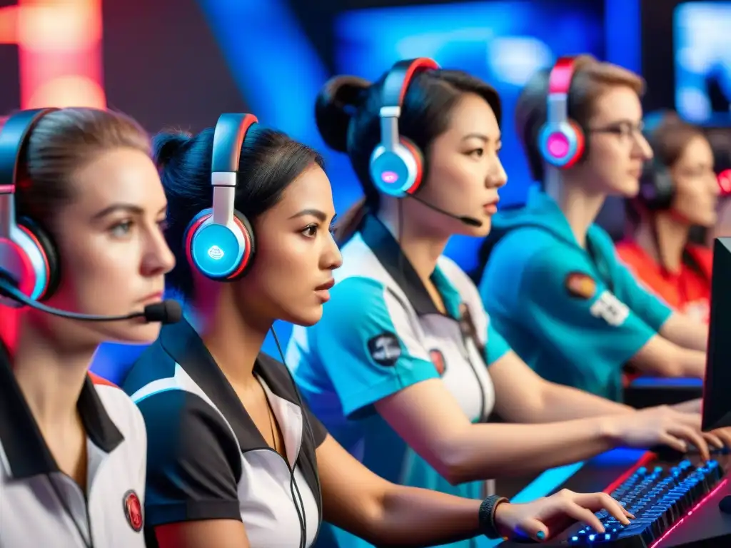 Grupo diverso de mujeres en los eSports, concentradas y competitivas en un torneo, rodeadas de tecnología y luces LED