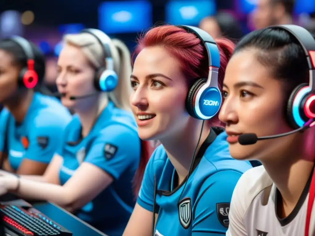 Un grupo diverso de mujeres en los eSports concentran su estrategia en un torneo, rodeadas de apoyo y equipamiento moderno