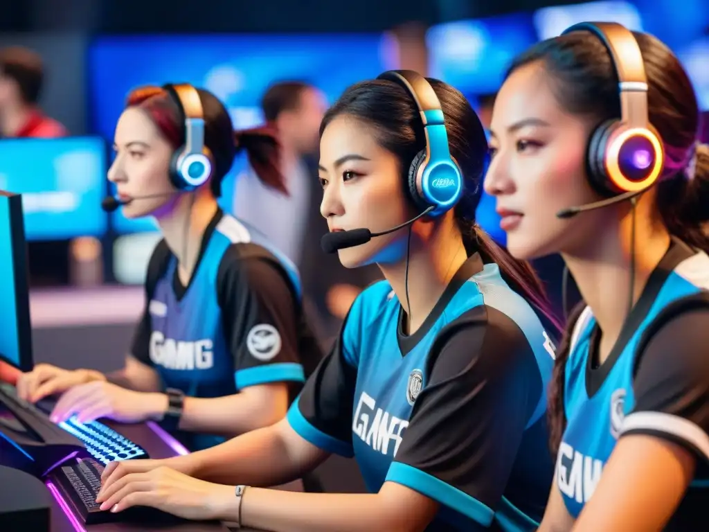 Grupo diverso de mujeres compitiendo en eSports, rodeadas de tecnología y empoderamiento