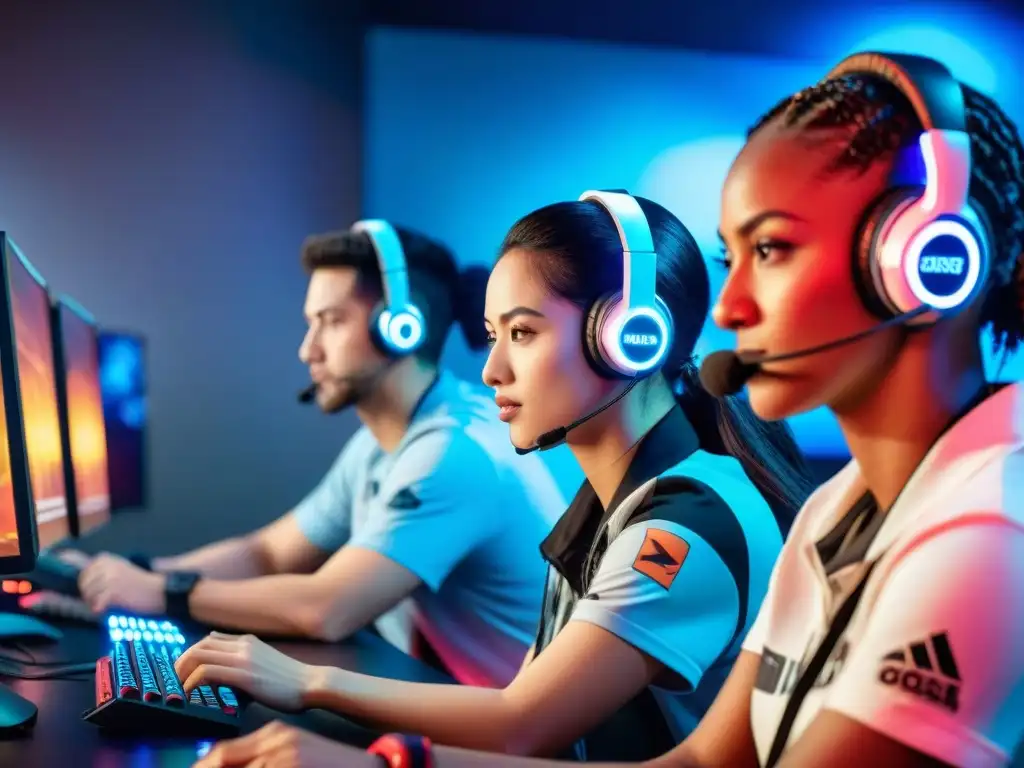 Grupo diverso de mujeres con headsets, concentradas en juegos de eSports