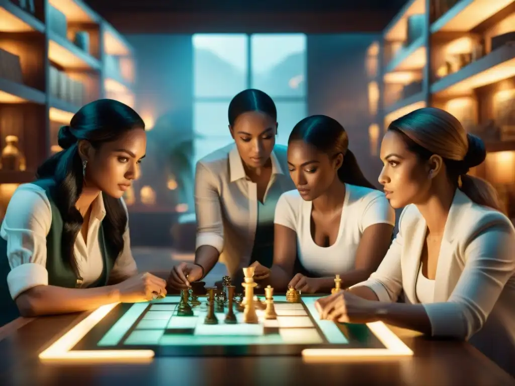 Mujeres estrategas: evolución en juegos históricos Grupo diverso de mujeres en intensa estrategia rodeadas de artefactos históricos y mapas en sala tenue