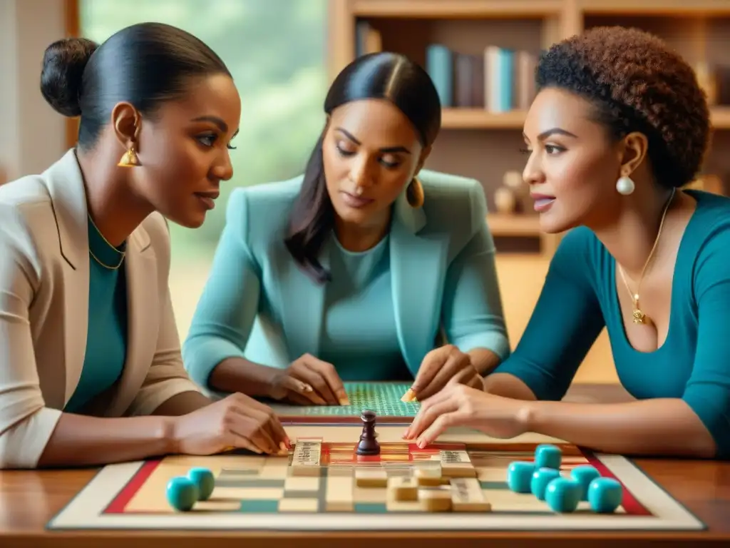 Concentración y estrategia: mujeres diversas en apasionante juego de mesa 'Grupo diverso de mujeres compitiendo amistosamente en un juego de estrategia en una sala acogedora