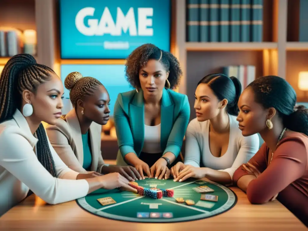 Juego estratégico femenino: diversidad y colaboración en acción Grupo diverso de mujeres colaborando en juegos estrategia, unidas en mesa redonda con mapas y laptops
