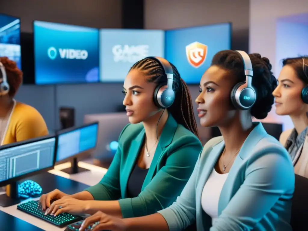 Grupo diverso de mujeres codificando videojuegos juntas en un estudio moderno, promoviendo la participación mujeres industria videojuegos