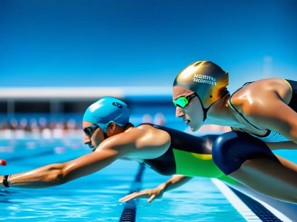 Grupo diverso de nadadores compitiendo en una piscina olímpica al aire libre, capturando la historia de la natación en América Latina