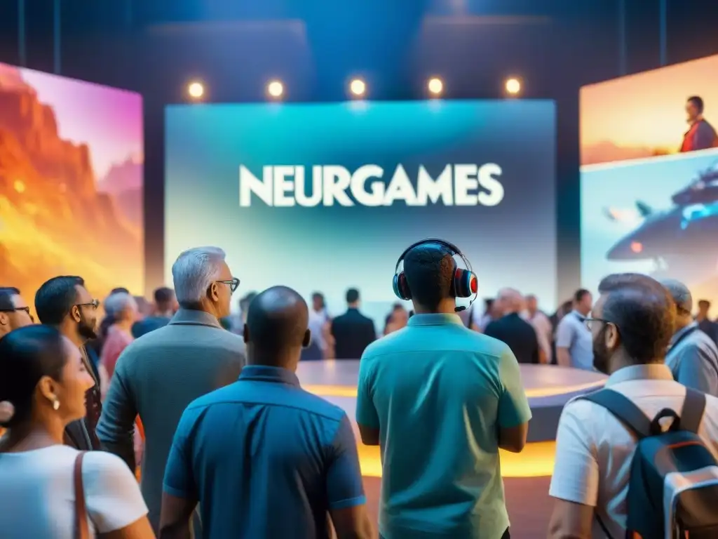 Grupo diverso juega neurojuegos en convención, fusionando tecnología y entretenimiento