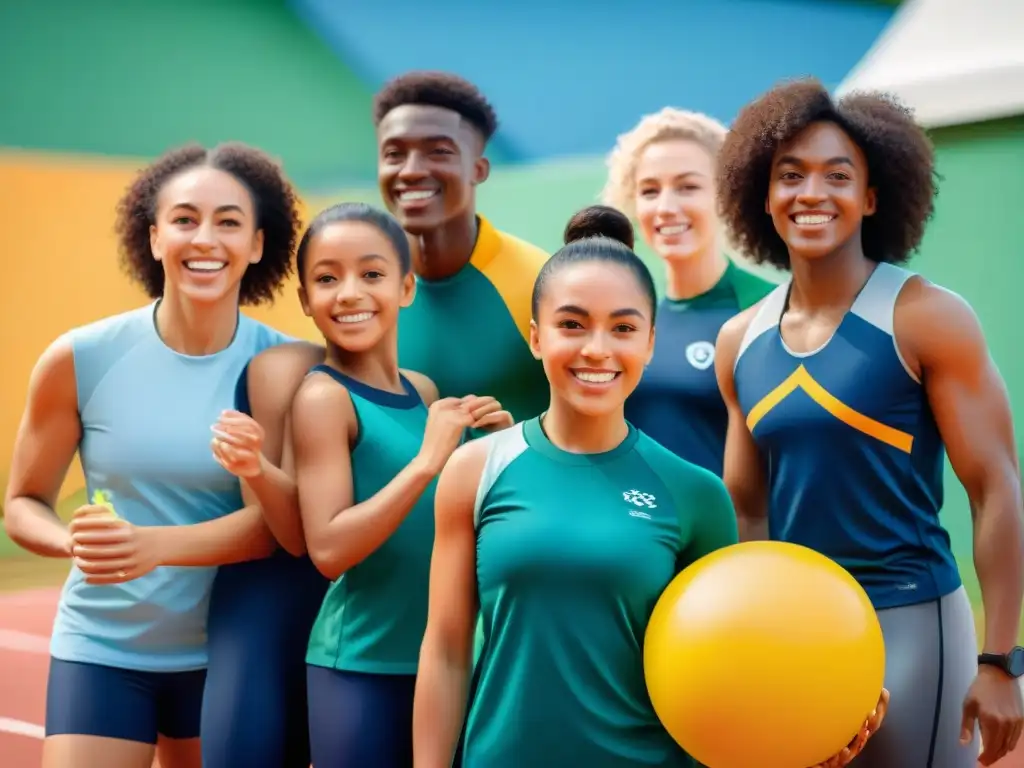 Grupo diverso de niños practicando actividades inspiradas en los Juegos Olímpicos en un soleado patio escolar, resaltando valores de deportividad y unidad