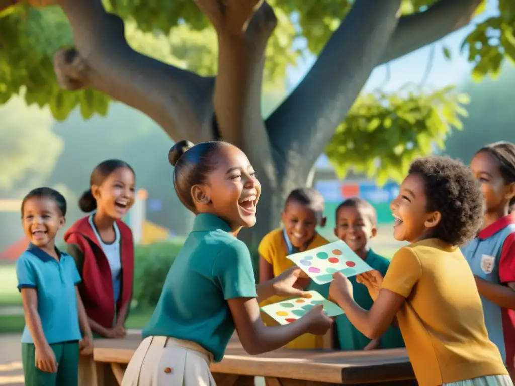 Un grupo diverso de niños juega alegremente bajo un árbol en el patio escolar, rodeados de palabras en español