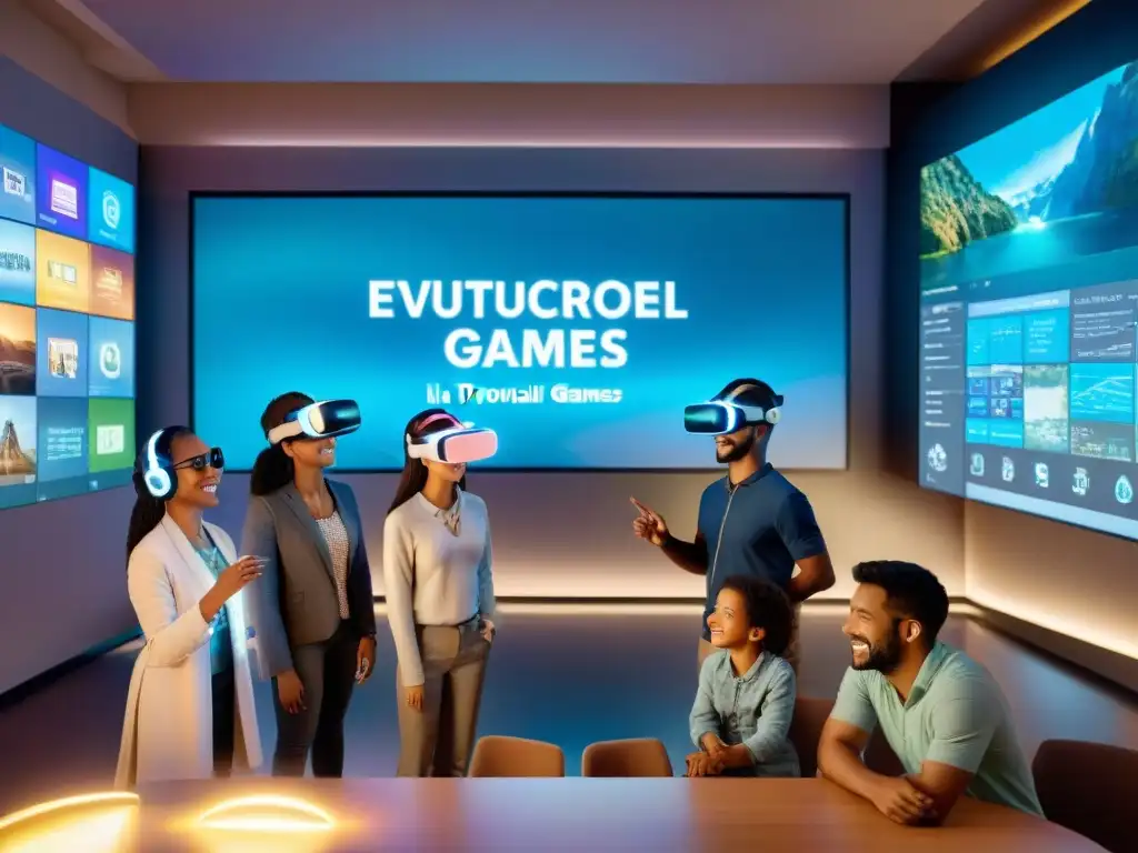 Grupo diverso de niños en aula virtual de realidad aumentada, interactuando con hologramas educativos