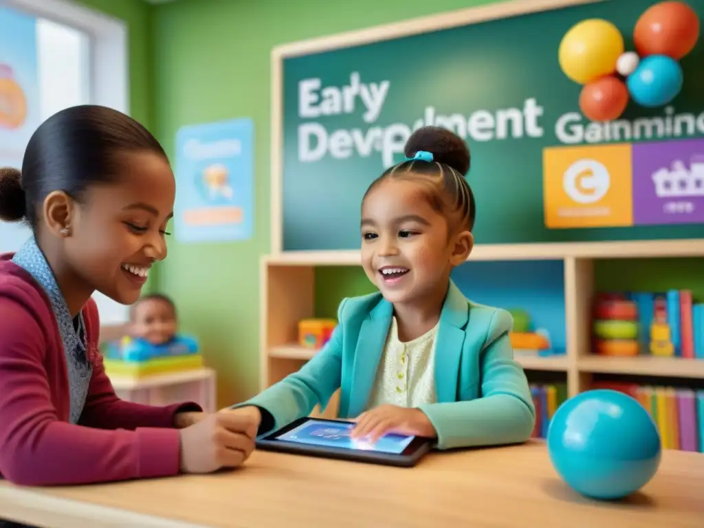 Un grupo diverso de niños juega con tablets en un aula luminosa