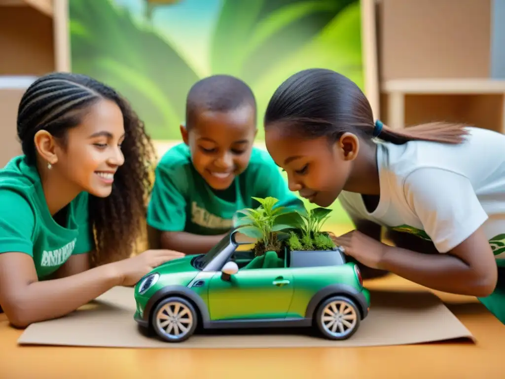 Grupo diverso de niños construyendo un auto solar con materiales reciclados en un ambiente escolar