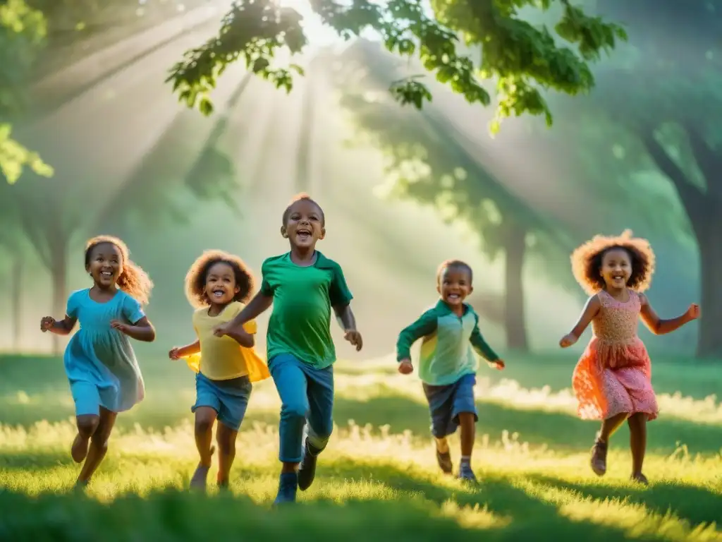 Un grupo diverso de niños bailando alegremente en círculo en un campo soleado, sus ropas coloridas ondeando al ritmo de la música