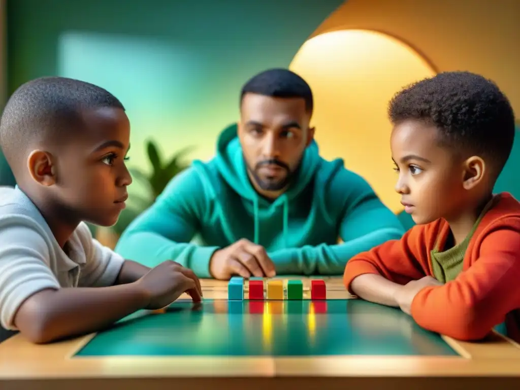 Juego estratégico: niños concentrados en diversión Un grupo diverso de niños concentrados juega un juego estratégico, resaltando la importancia de los juegos estratégicos en la educación