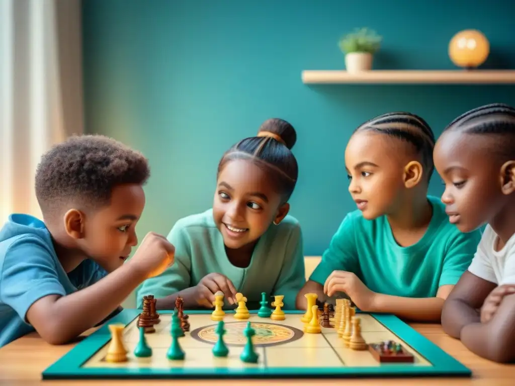 Grupo diverso de niños concentrados y emocionados jugando un juego de mesa estratégico, potenciando habilidades cognitivas