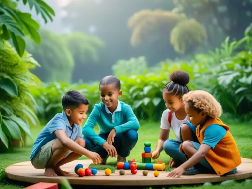 Un grupo diverso de niños de diferentes continentes disfrutando de juegos educativos al aire libre, promoviendo la unidad y multiculturalismo