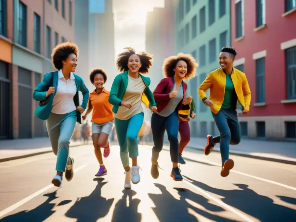 Un grupo diverso de niños saltando cuerda juntos en la ciudad, resaltando la historia y evolución del salto de cuerda