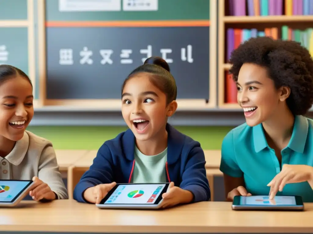 Grupo diverso de niños juegan emocionados en tablets en aula moderna con juegos educativos tradematemáticas