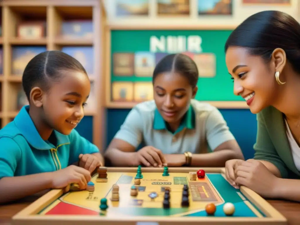 Un grupo diverso de niños juega un emocionante juego educativo en un aula acogedora