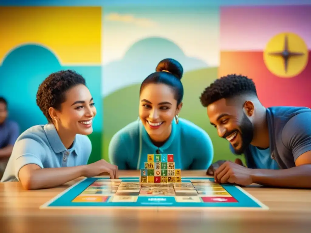 Un grupo diverso de niños juega un emocionante juego de mesa educativo cultural en un aula colorida