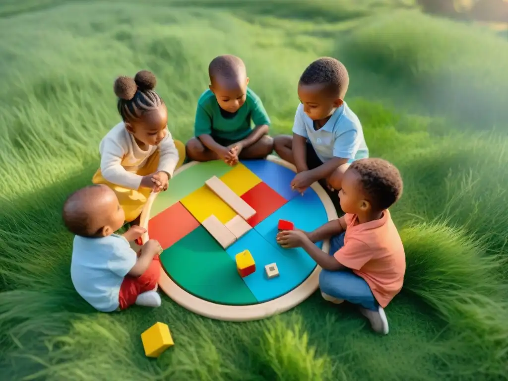 Un grupo diverso de niños juega con entusiasmo en el campo, rodeados de juguetes educativos que estimulan su imaginación