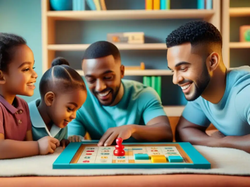 Un grupo diverso de niños juega con entusiasmo un juego de mesa de matemáticas en casa, rodeados de libros y juguetes educativos